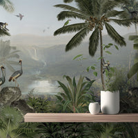 Jungle-themed mural featuring active monkey mischief.
