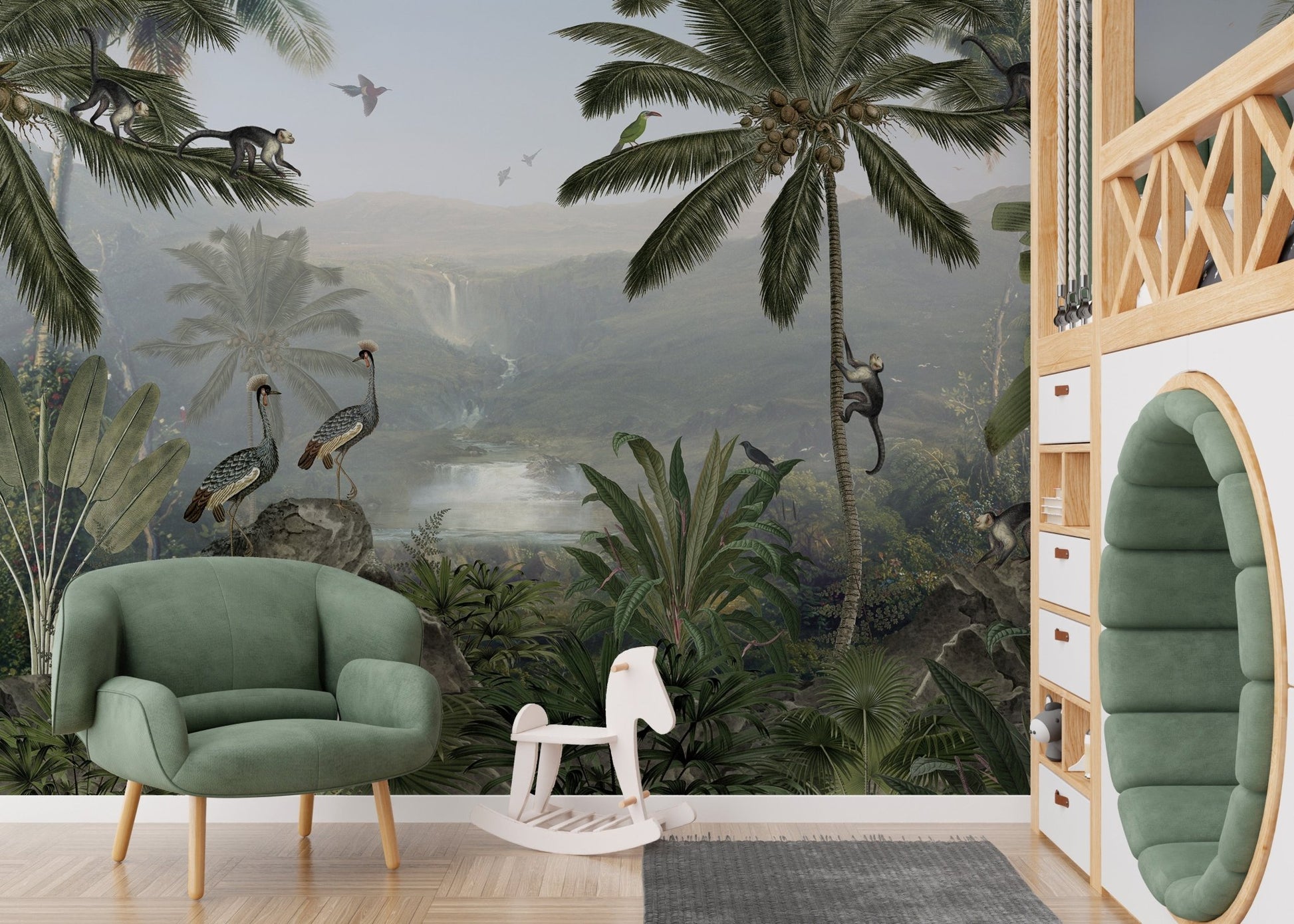 Mischief monkeys mural with vibrant jungle design for nursey.

