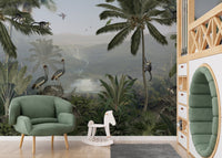 Mischief monkeys mural with vibrant jungle design for nursey.
