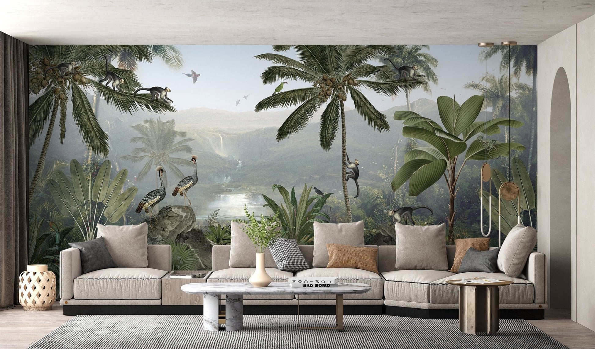 Playful monkeys mural in a lush jungle setting for living space backdrop.
