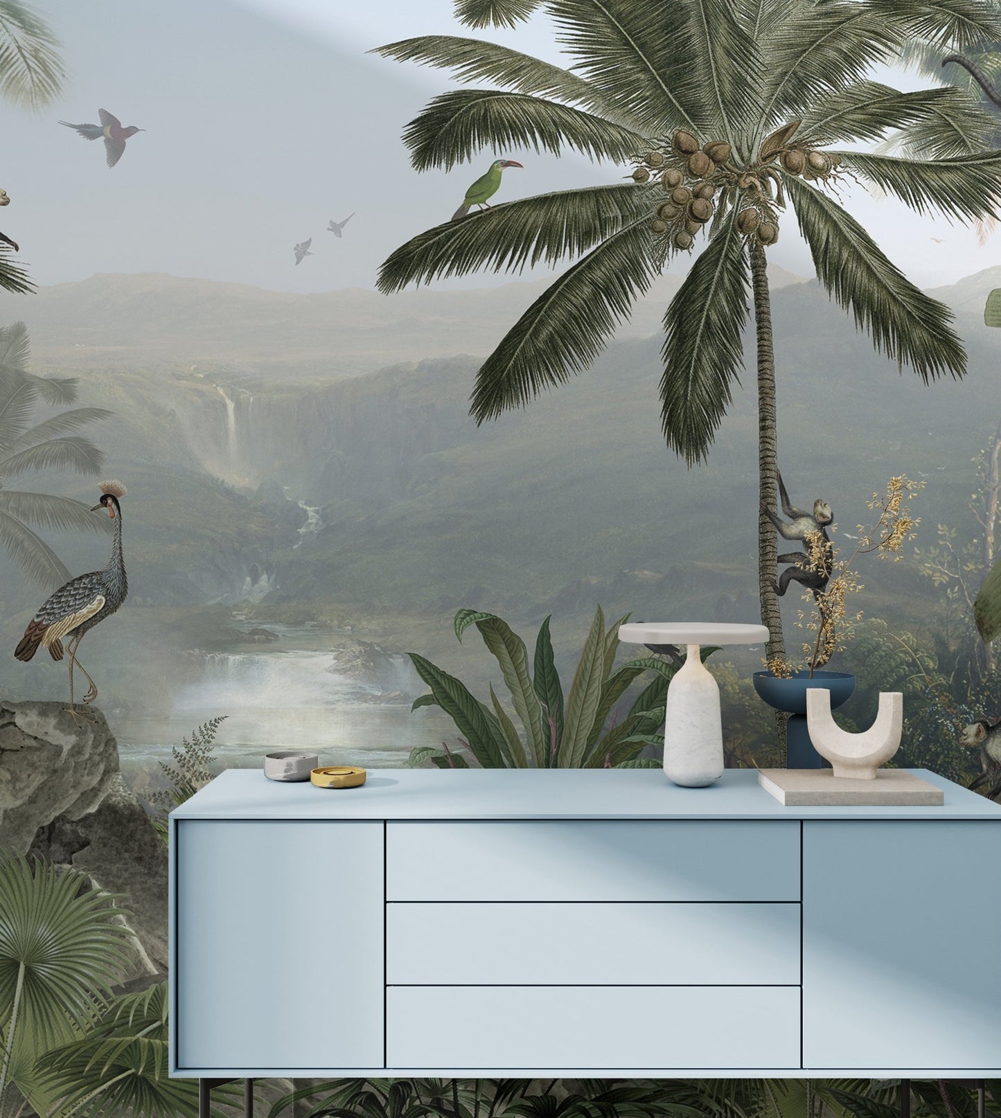Mischief monkeys mural adding fun to jungle decor.

