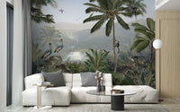 Fun jungle mural with animated monkey illustrations for living room walls.
