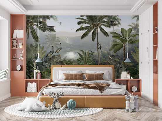 Artistic jungle mural with lively monkey characters for kids bedroom interior.
