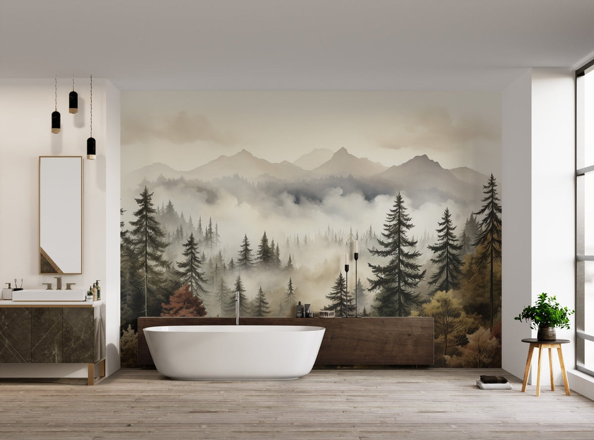 Nature inspired wall mural featuring a misty coniferous tree line.