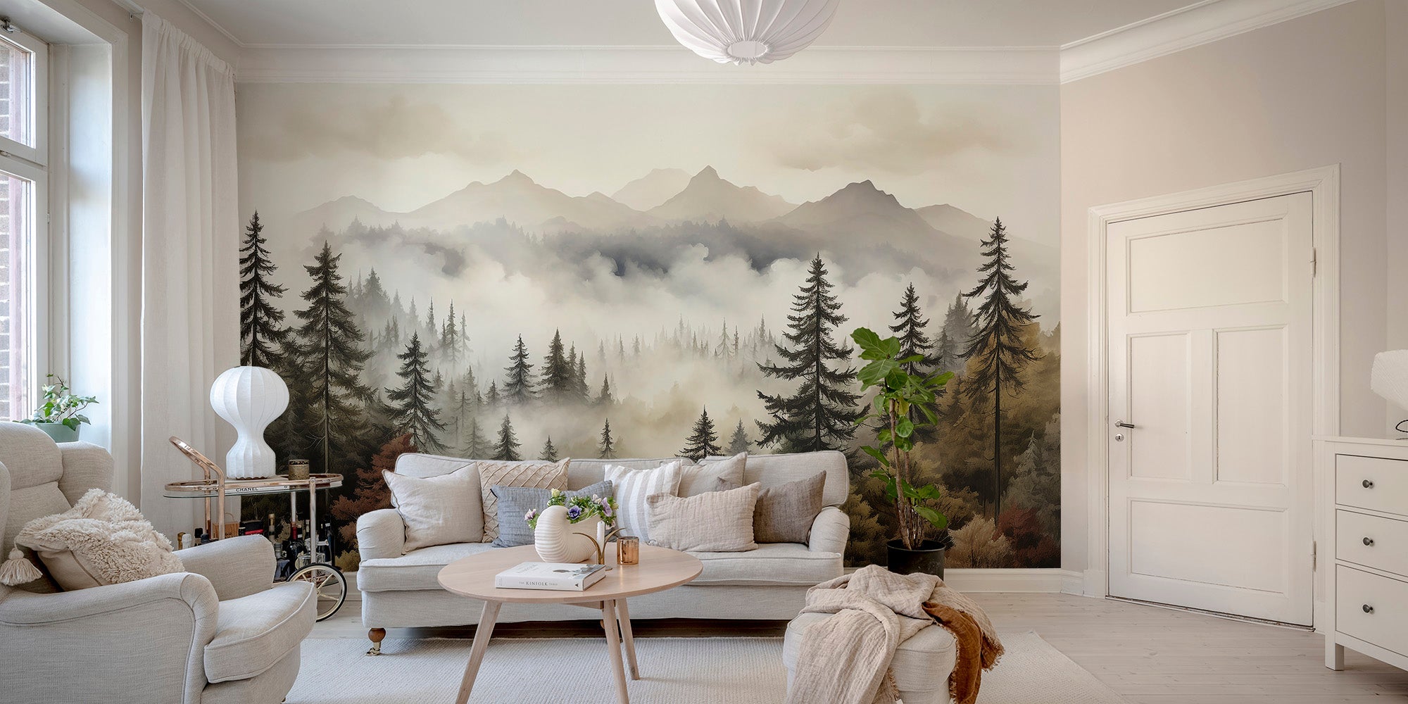 Misty autumn forest wallpaper with watercolor pine trees in fog.