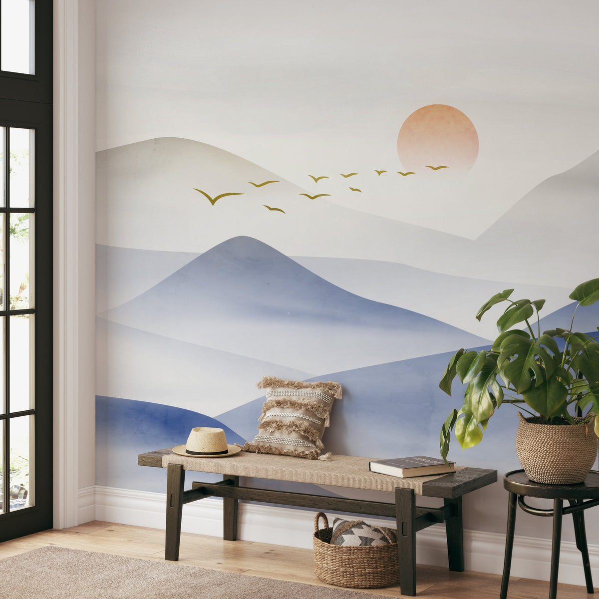 Nature-themed blue wallpaper with hazy mountain silhouettes.