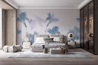 Luxury suite featuring large orchids wall  mural and dark wood wardrobes.