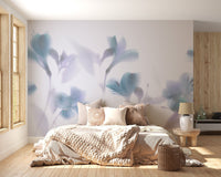 Bright bedroom with neutral bedding and Misty Blue Orchids Wall Mural.