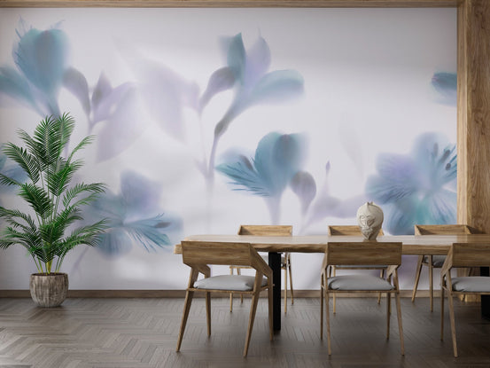 Large dining room with wooden furniture and purple blue floral wall mural.