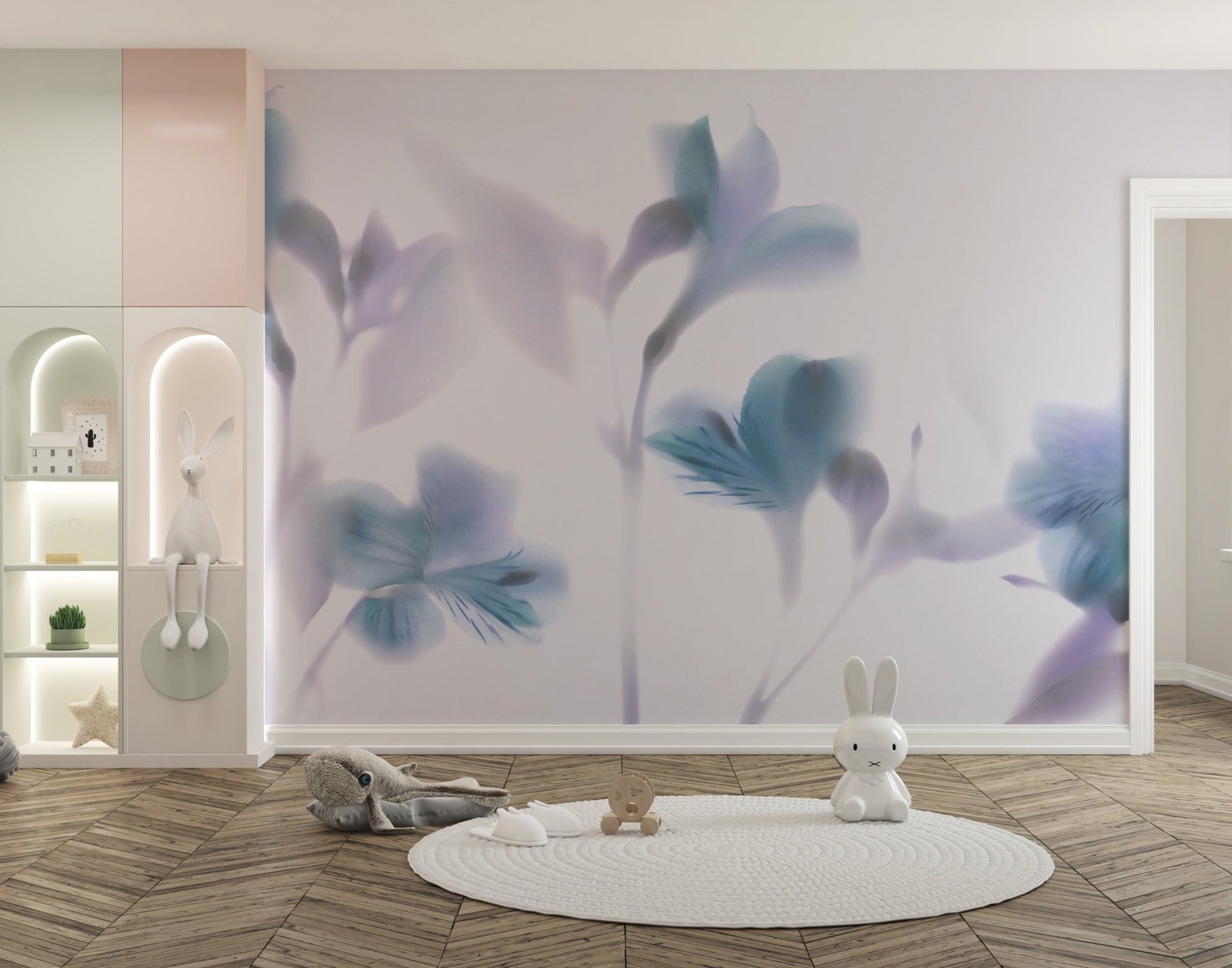 Playroom with white round rug and Misty Blue Orchids Wall Mural.