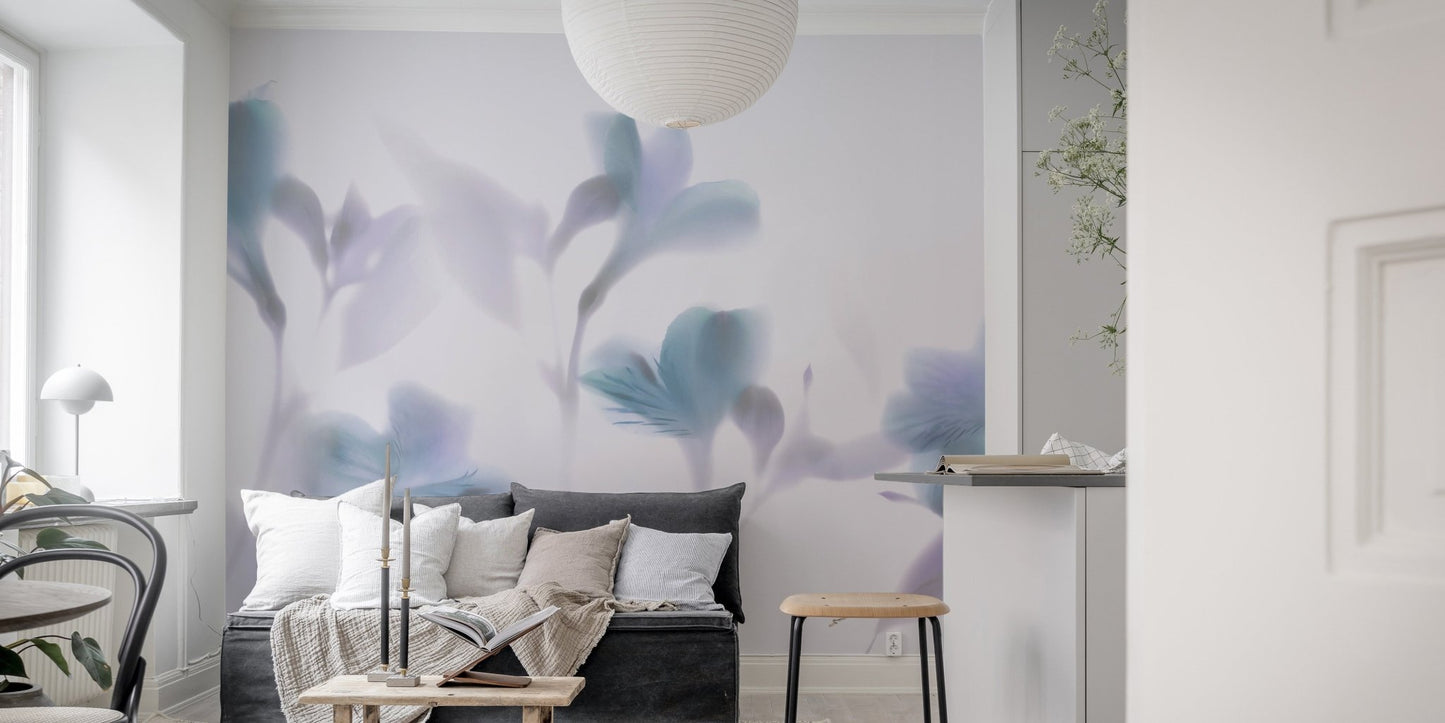 Minimalist living area with blurred orchid pattern wall mural and grey sofa.