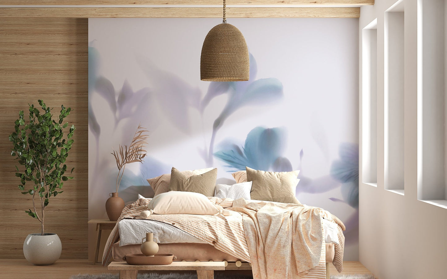 Wooden bedroom interior with hanging lamp and blue floral wall mural.