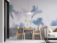 Dining area with Misty Blue Orchids Wall Mural and wooden table.