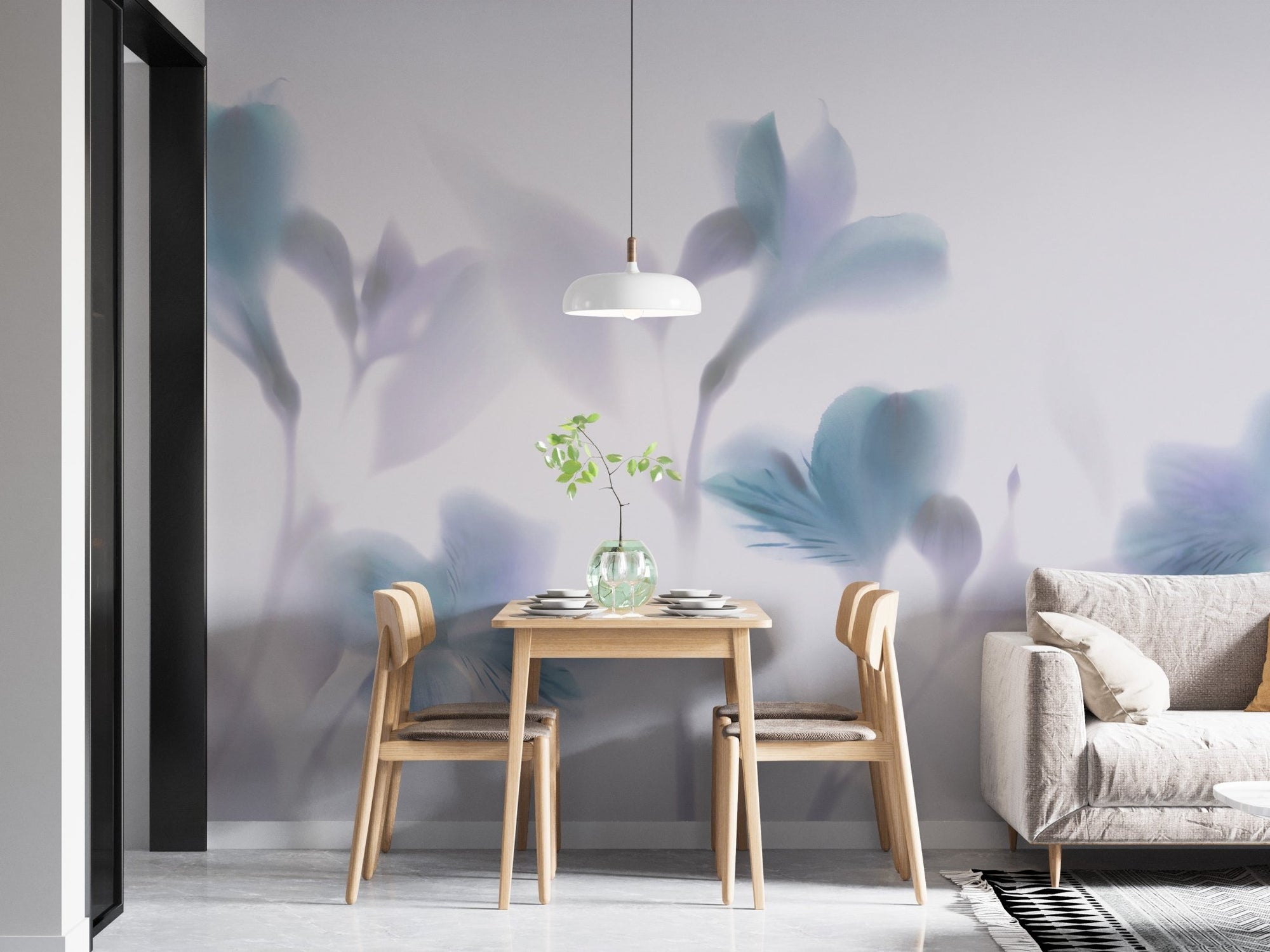 Dining area with Misty Blue Orchids Wall Mural and wooden table.