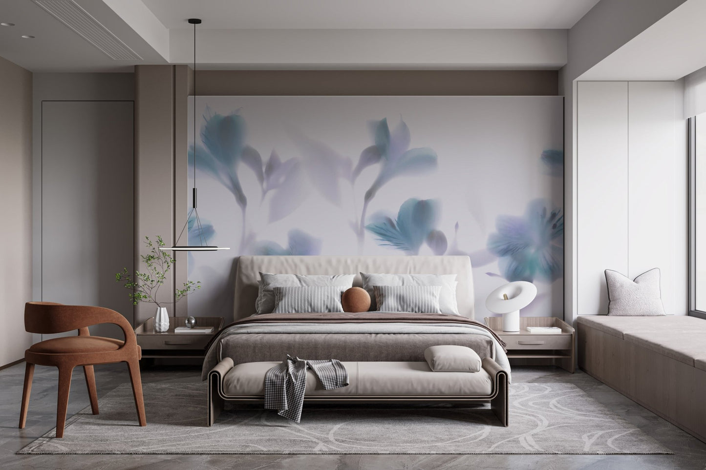 Dark modern bedroom with grey bed and blue orchid wall mural.