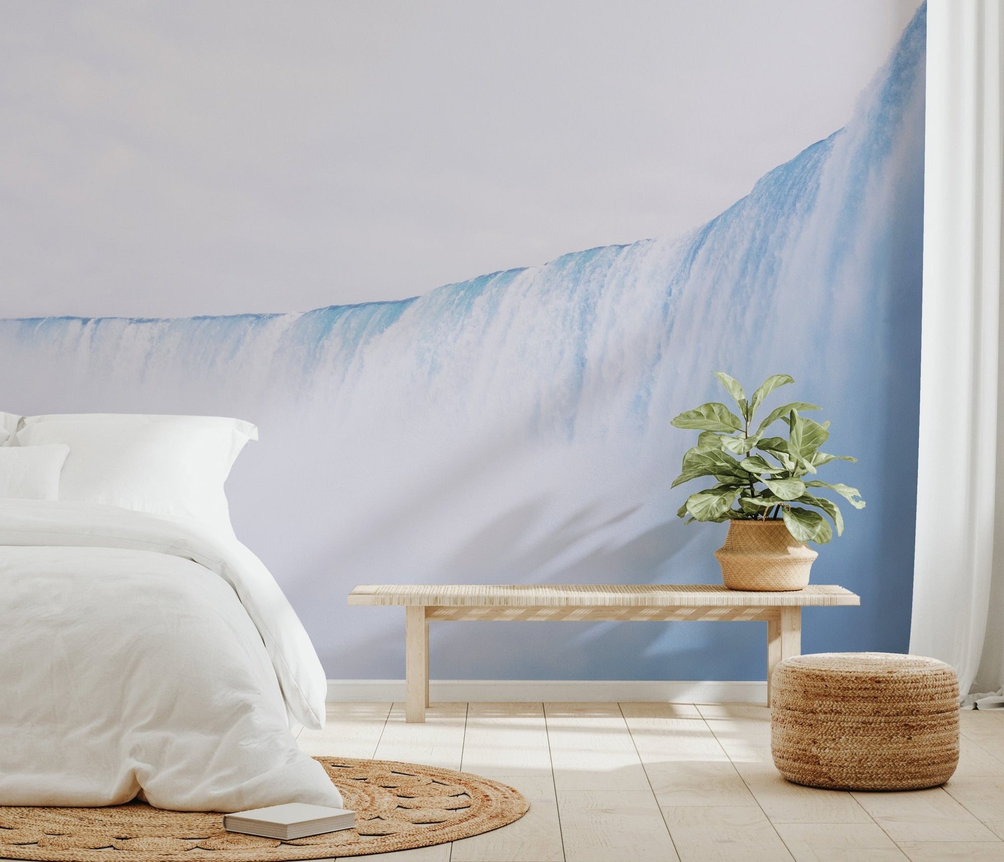 Misty blue waterfall wall mural featuring a wide scenic water drop wallpaper.