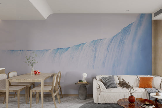 Aesthetic waterfall themed wall mural with a peaceful blue and white palette