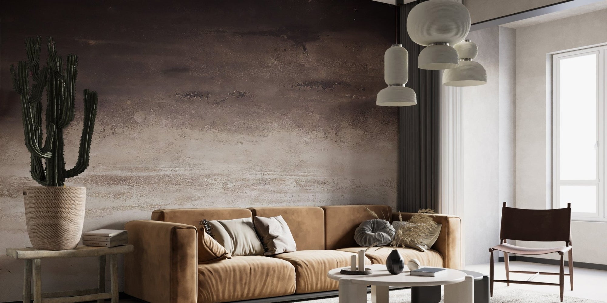 Misty brown horizon wall mural layered earth tone wallpaper art.