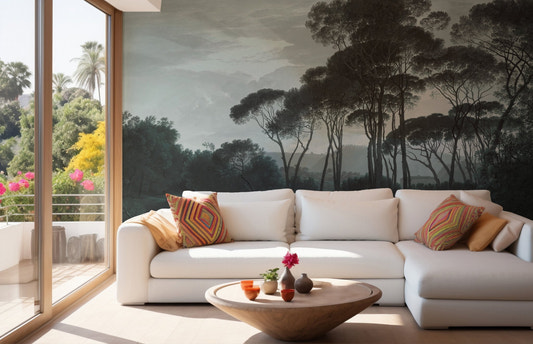 Deep green pine tree wall mural behind a white sectional sofa and coffee table.