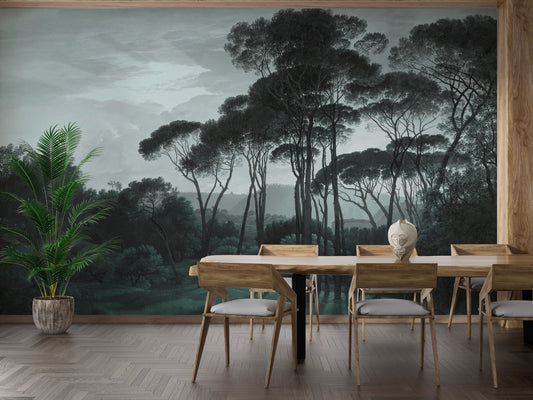 Pine forest wall mural in a dining room with a wooden table and black chairs.