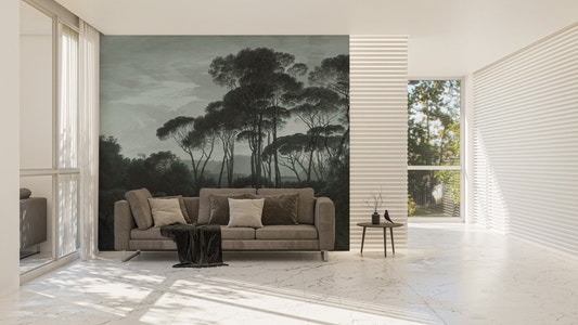 Misty Dark Green Forest Wall mural in a modern living room with a brown sofa.