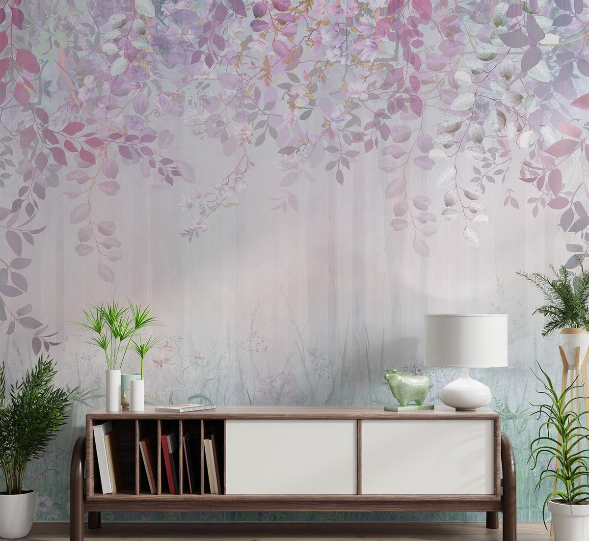 Hanging purple leaves on pastel pink floral wall mural for modern hallway.