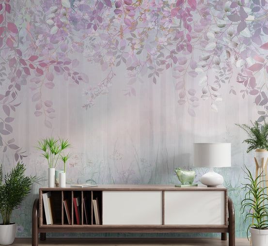 Hanging purple leaves on pastel pink floral wall mural for modern hallway.