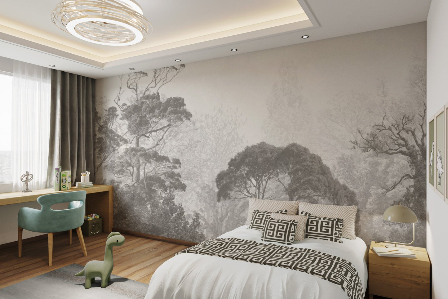 Misty forest grunge mural with dark and moody tones