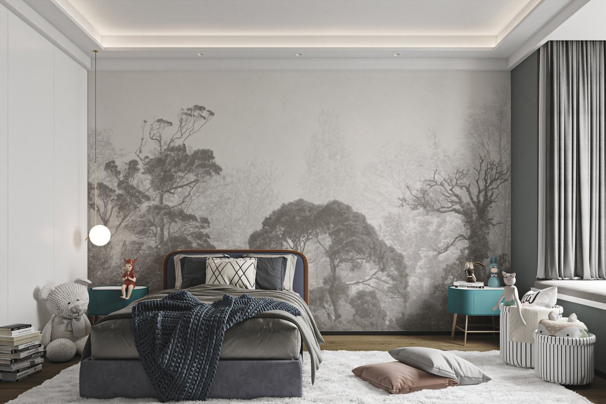 Misty forest mural with a rustic grunge aesthetic