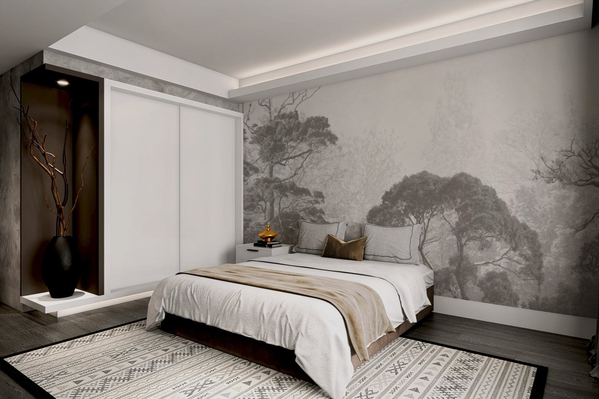 Grunge wall mural with a serene misty forest design