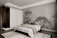 Grunge wall mural with a serene misty forest design