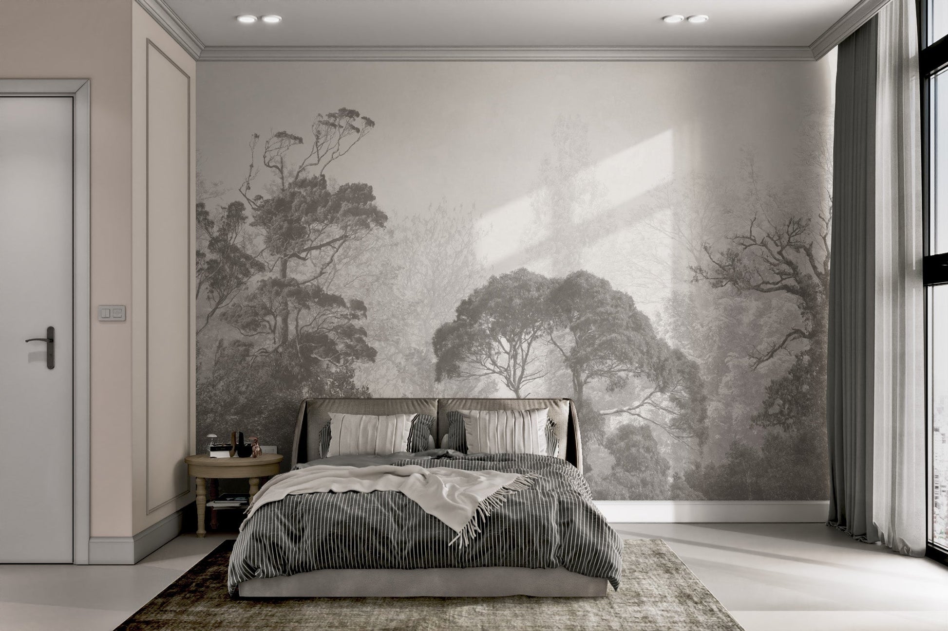 Rustic misty forest mural with a grunge-style finish