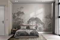 Rustic misty forest mural with a grunge-style finish