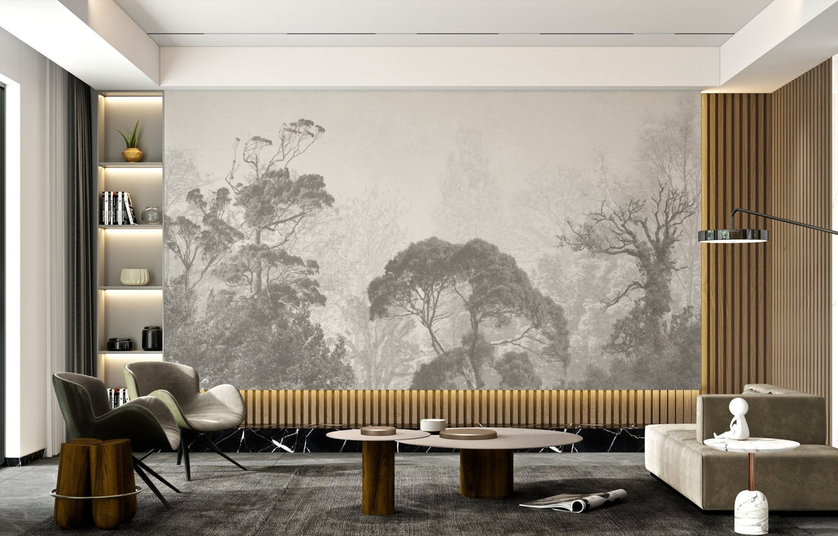 Grunge-inspired misty forest wall mural for living room decor.