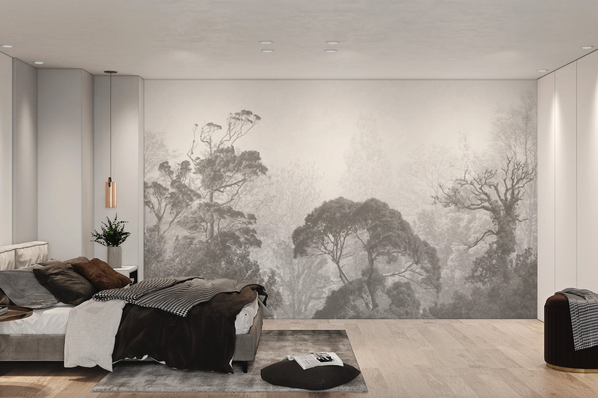 Artistic misty forest mural for grunge-inspired interiors
