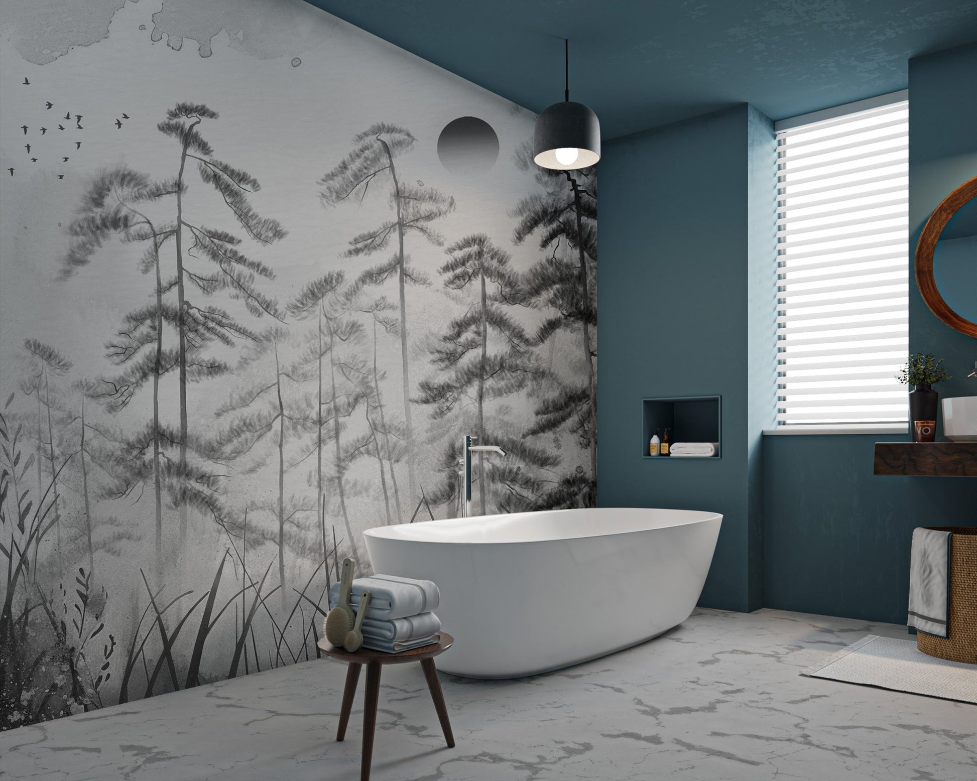 Foggy woodland wall mural with tall grass and circular sun illustration