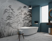Foggy woodland wall mural with tall grass and circular sun illustration