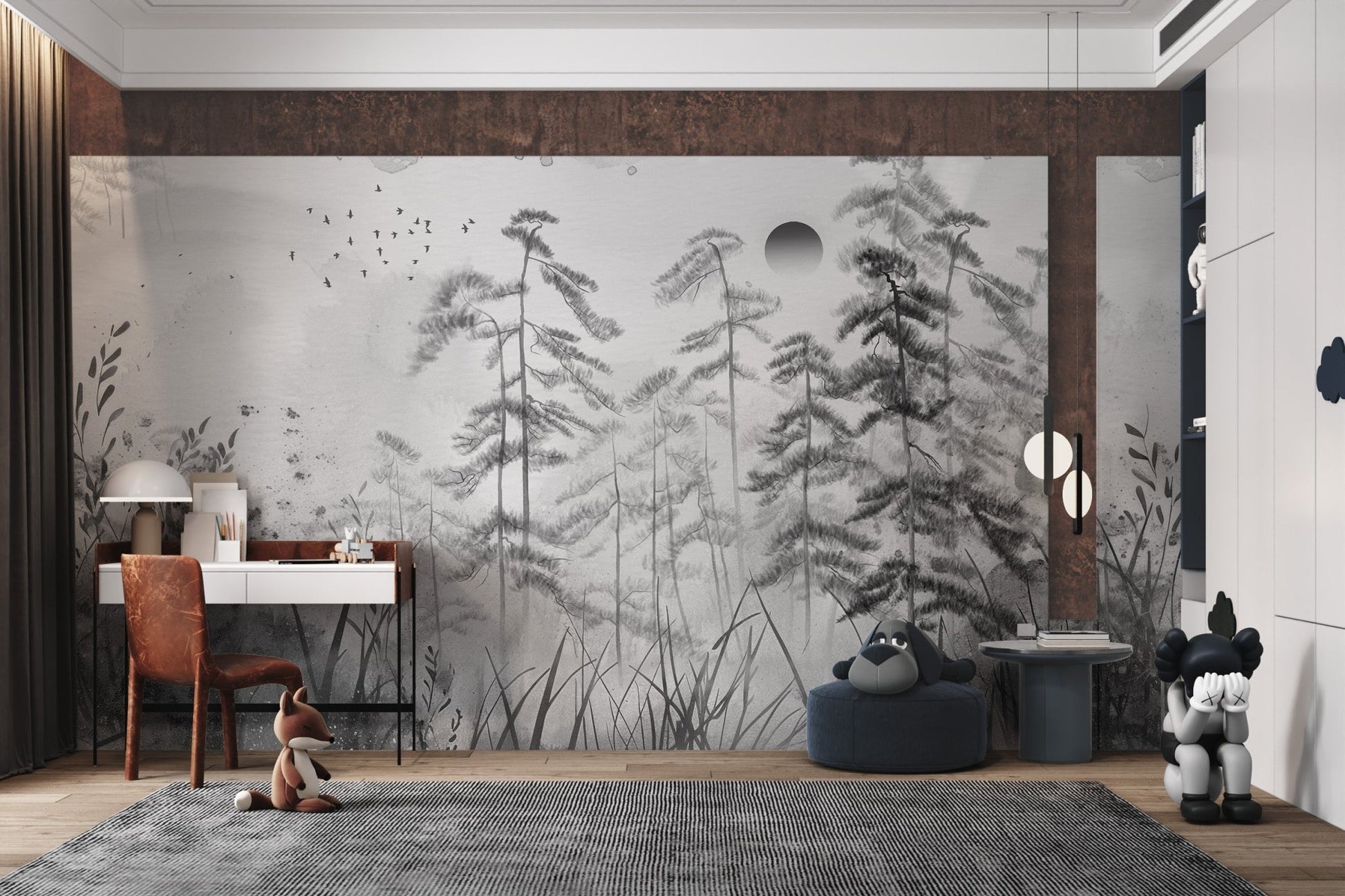 Tall conifer tree mural with misty mountains and monochromatic design.