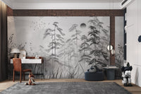 Tall conifer tree mural with misty mountains and monochromatic design.