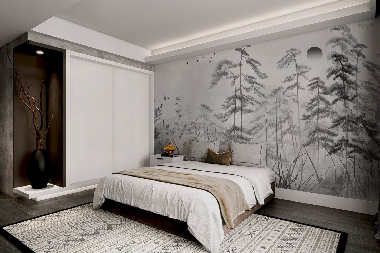 Abstract ink wash forest wall mural with grey textured background in bedroom.