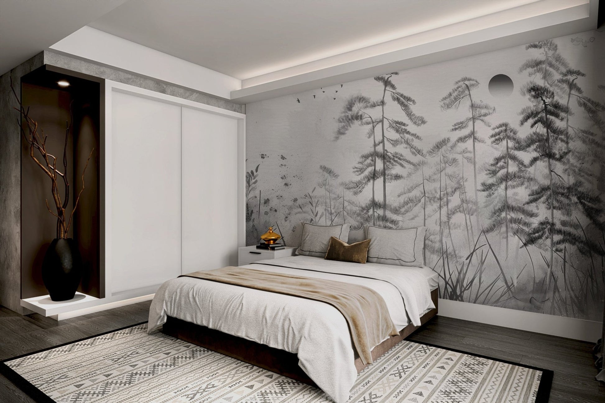 Abstract ink wash forest wall mural with grey textured background in bedroom.