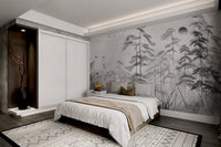 Abstract ink wash forest wall mural with grey textured background in bedroom.
