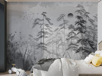 Minimalist black and white forest wall mural for modern kids bedroom interior.