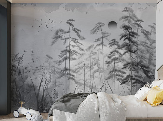 Minimalist black and white forest wall mural for modern kids bedroom interior.