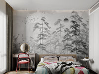 Monochrome wall mural featuring flying birds in kids bedroom.