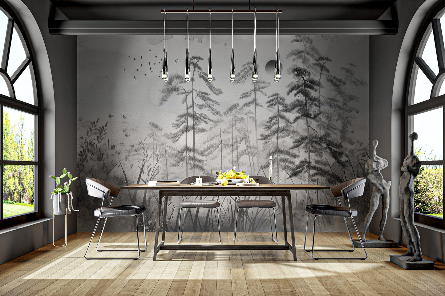 Grey watercolor pine forest wall mural for a modern dining room backdrop.