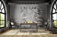 Grey watercolor pine forest wall mural for a modern dining room backdrop.