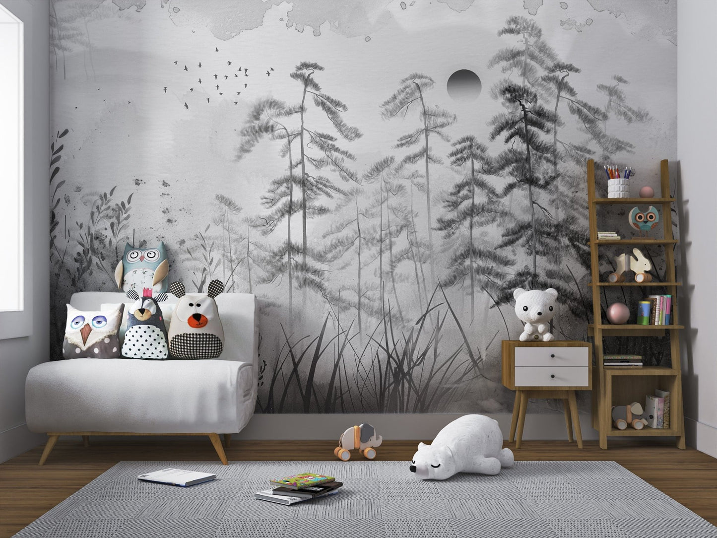 Ink wash style pine tree wall mural in grey and white shades for nursery.
