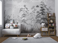 Ink wash style pine tree wall mural in grey and white shades for nursery.