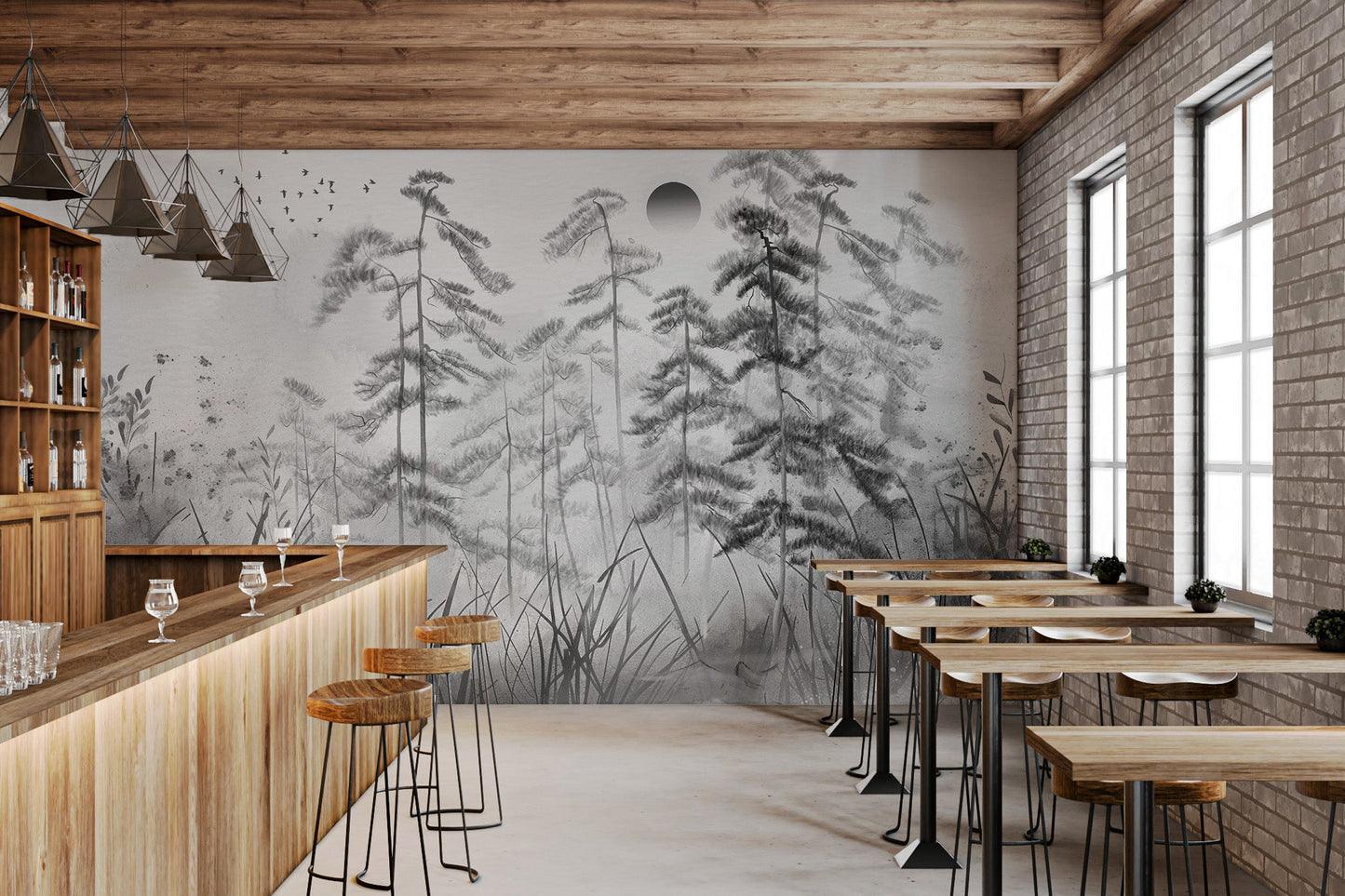 Nature themed wall mural showing pine trees in a foggy morning setting